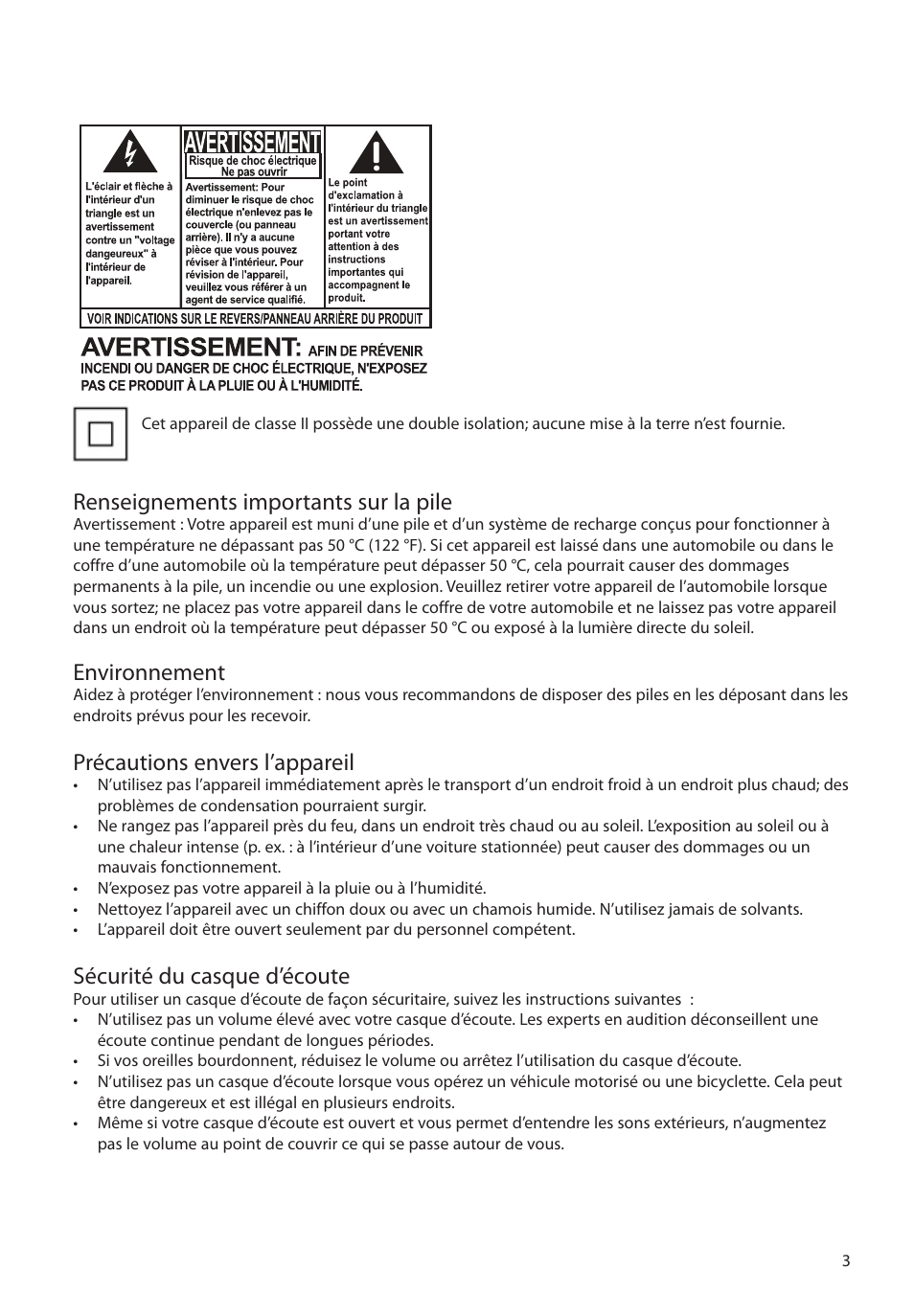 Renseignements importants sur la pile, Environnement, Précautions envers l’appareil | Sécurité du casque d’écoute | RCA M2204BL User Manual | Page 61 / 87