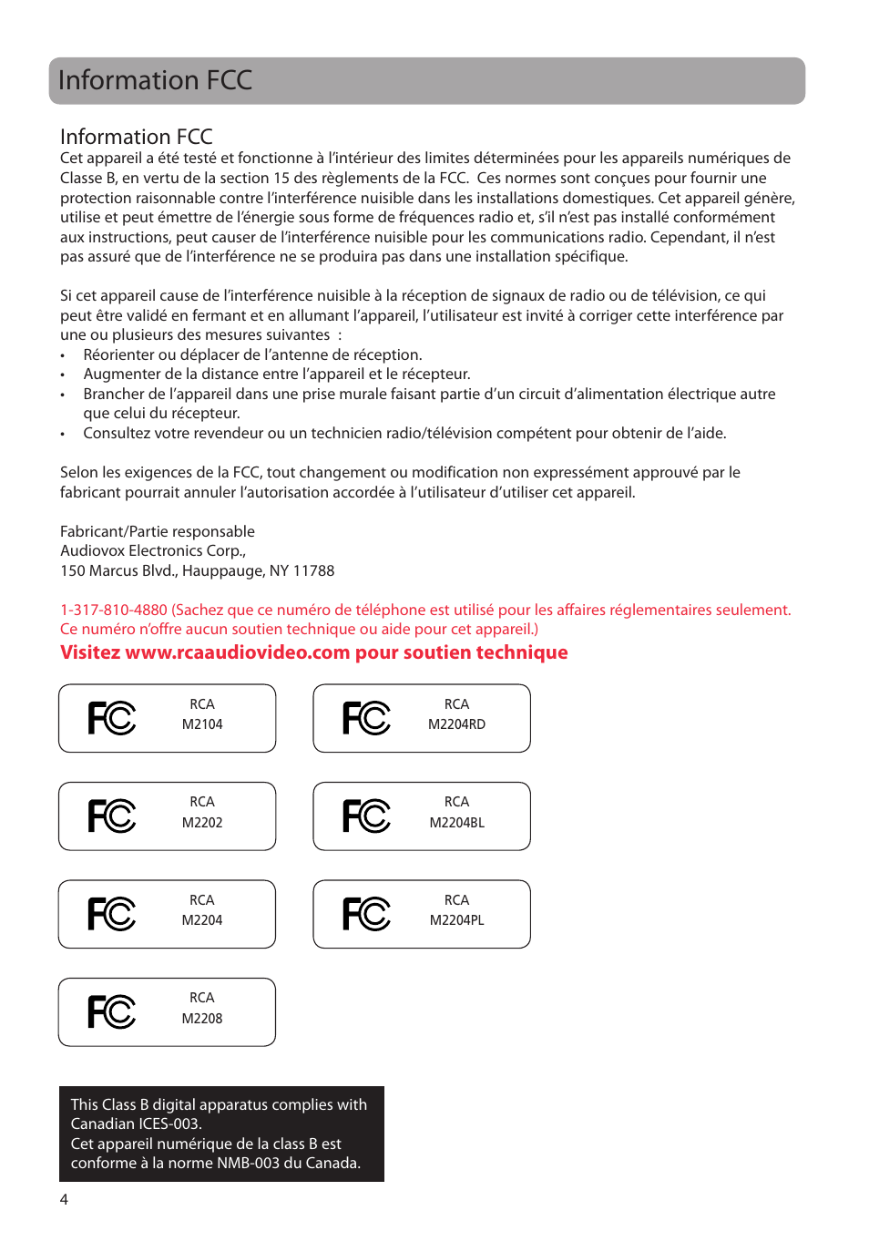 Information fcc | RCA M2204BL User Manual | Page 62 / 87