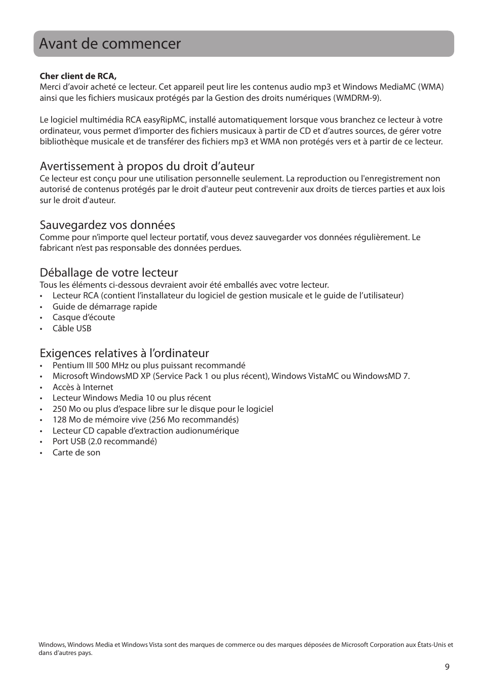 Avant de commencer, Avertissement à propos du droit d’auteur, Sauvegardez vos données | Déballage de votre lecteur, Exigences relatives à l’ordinateur | RCA M2204BL User Manual | Page 67 / 87