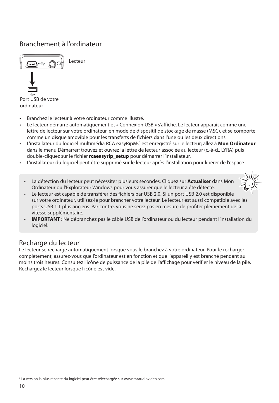 Branchement à l'ordinateur, Recharge du lecteur | RCA M2204BL User Manual | Page 68 / 87