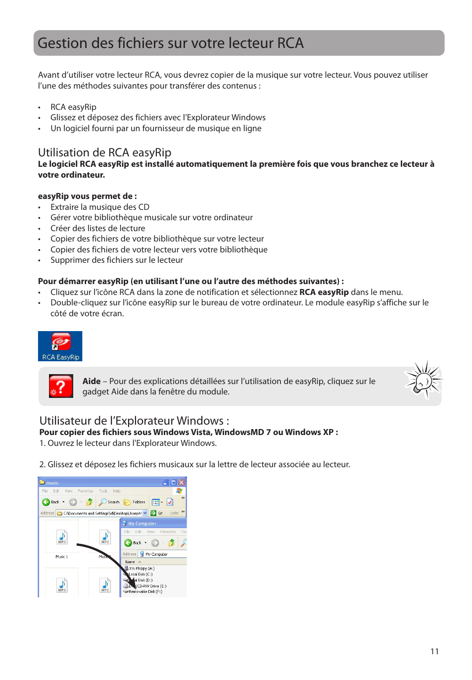 Gestion des fichiers sur votre lecteur rca, Utilisation de rca easyrip, Utilisateur de l’explorateur windows | RCA M2204BL User Manual | Page 69 / 87