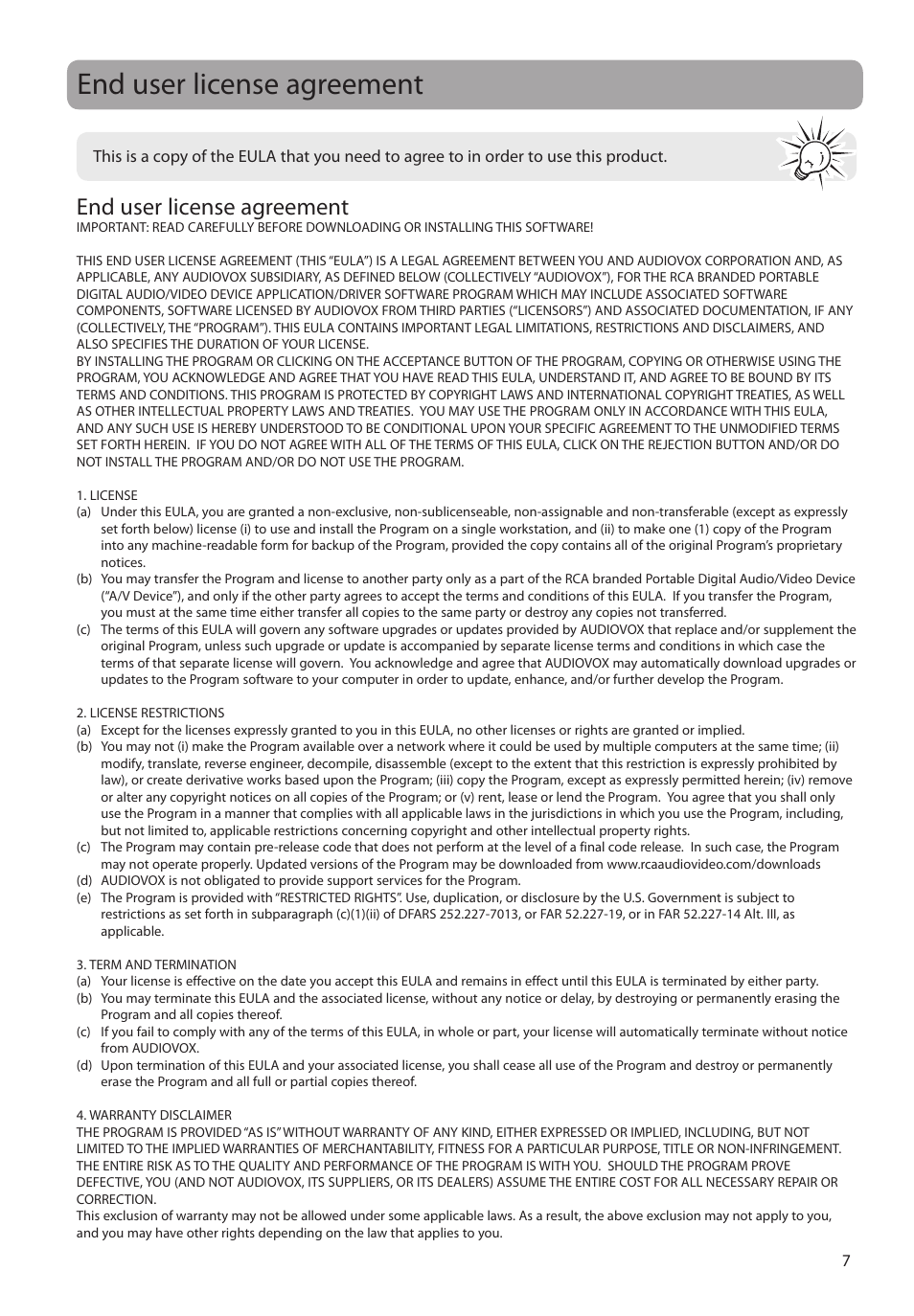 End user license agreement | RCA M2204BL User Manual | Page 7 / 87