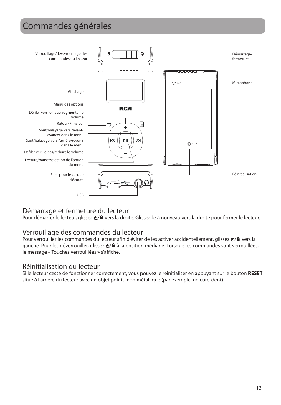 Commandes générales, Démarrage et fermeture du lecteur, Verrouillage des commandes du lecteur | Réinitialisation du lecteur | RCA M2204BL User Manual | Page 71 / 87