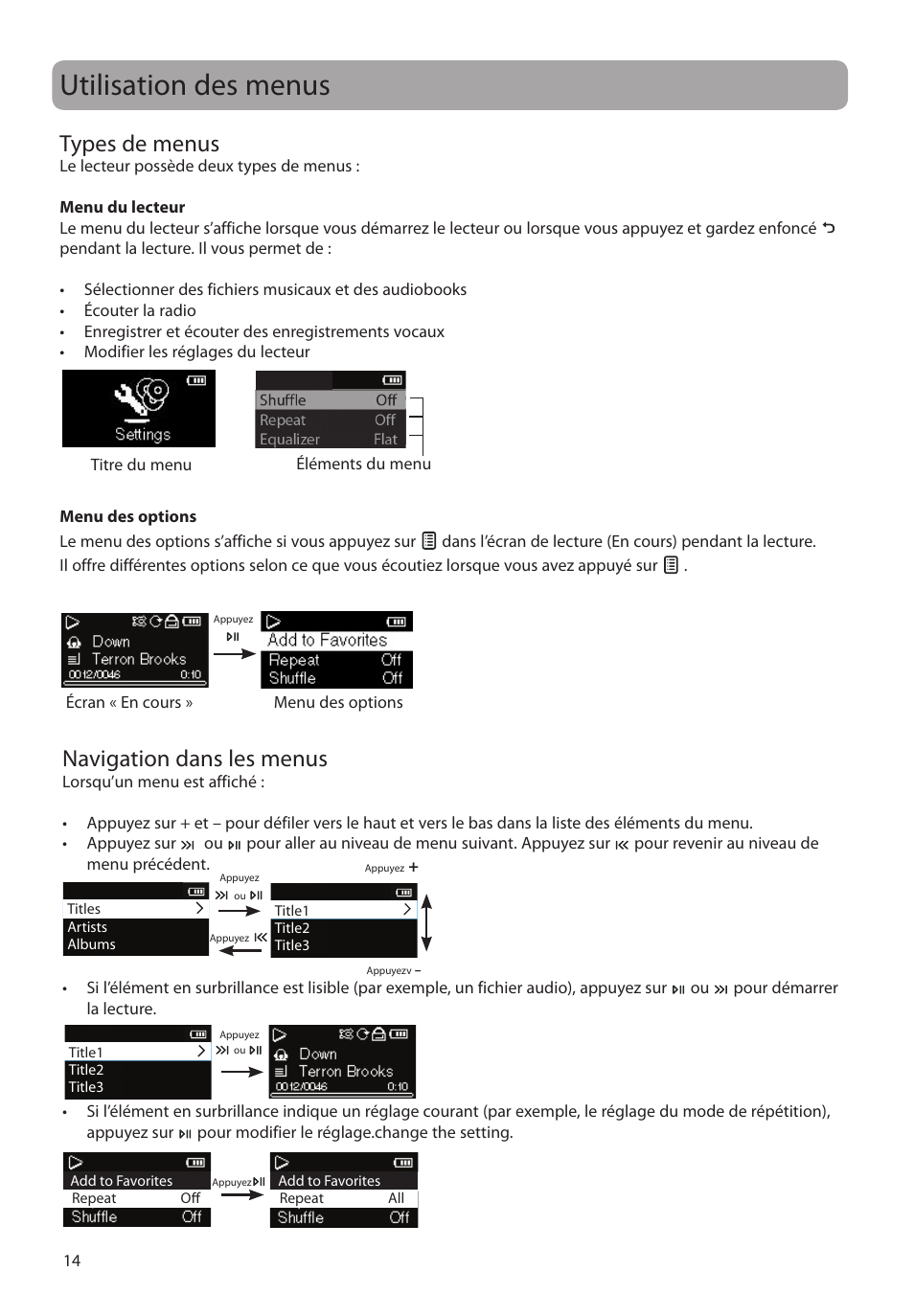 Utilisation des menus, Types de menus, Navigation dans les menus | RCA M2204BL User Manual | Page 72 / 87