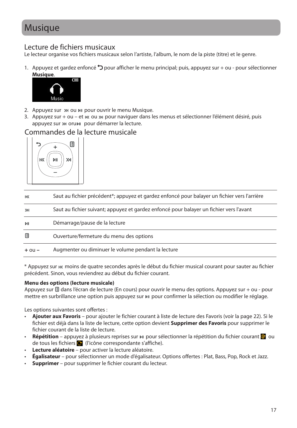 Musique, Lecture de fichiers musicaux, Commandes de la lecture musicale | RCA M2204BL User Manual | Page 75 / 87