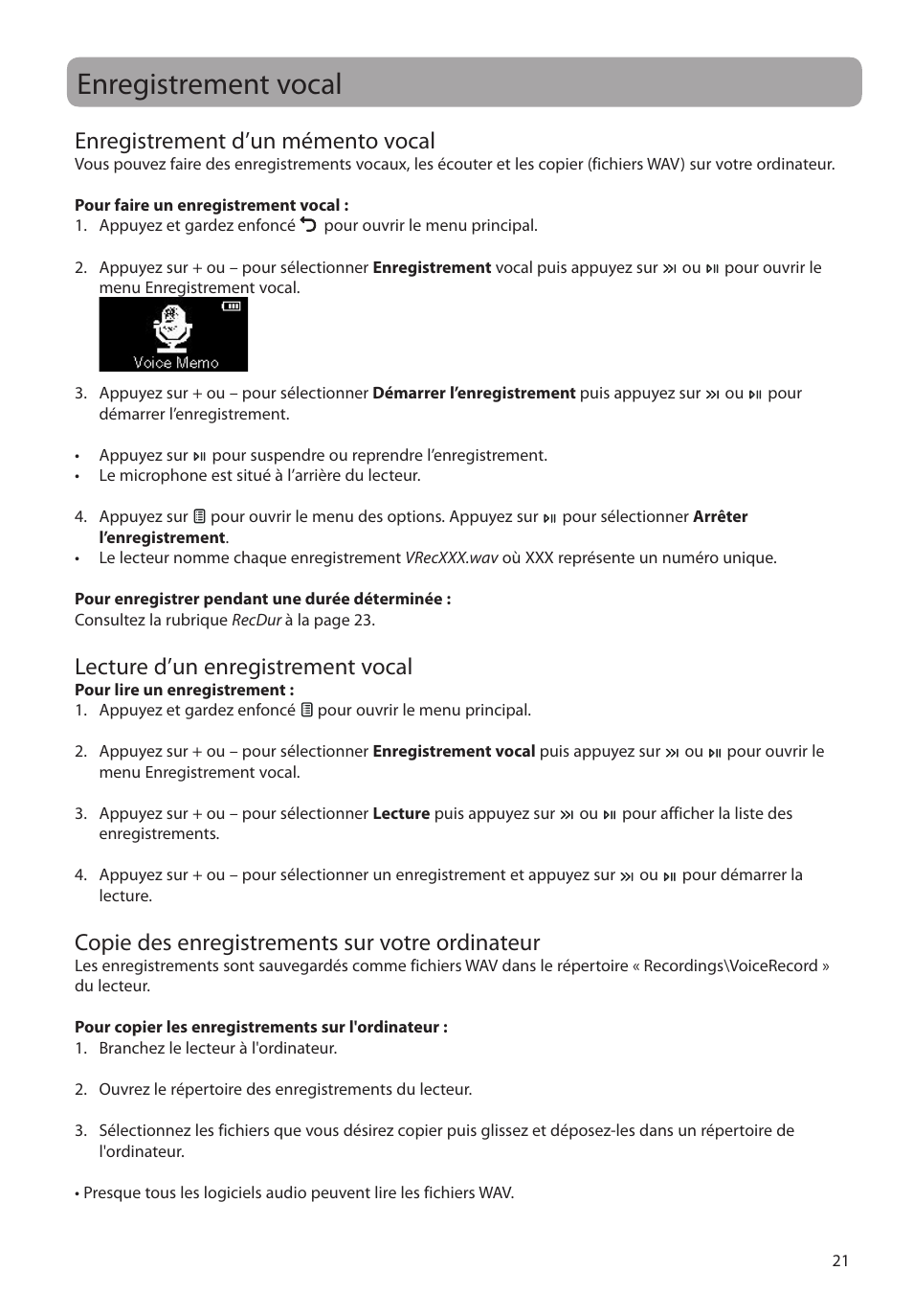 Enregistrement vocal, Enregistrement d’un mémento vocal, Lecture d’un enregistrement vocal | Copie des enregistrements sur votre ordinateur | RCA M2204BL User Manual | Page 79 / 87