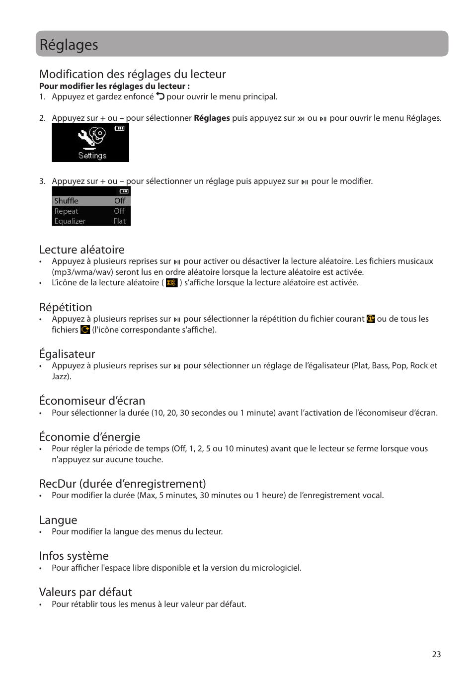 Réglages, Modification des réglages du lecteur, Lecture aléatoire | Répétition, Égalisateur, Économiseur d’écran, Économie d’énergie, Recdur (durée d’enregistrement), Langue, Infos système | RCA M2204BL User Manual | Page 81 / 87