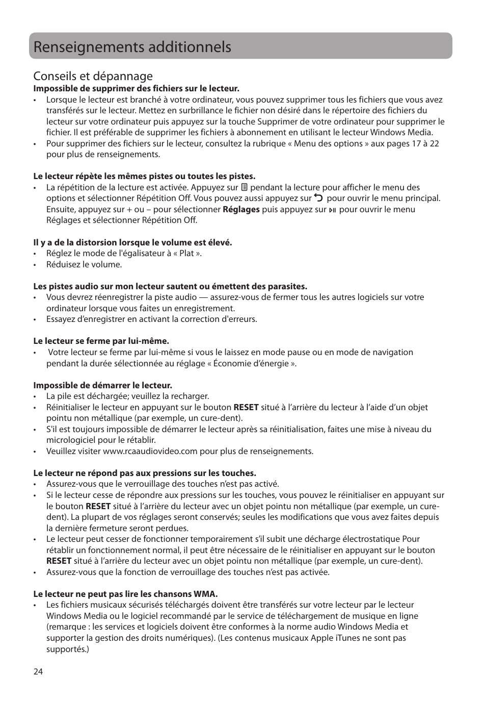 Renseignements additionnels, Conseils et dépannage | RCA M2204BL User Manual | Page 82 / 87