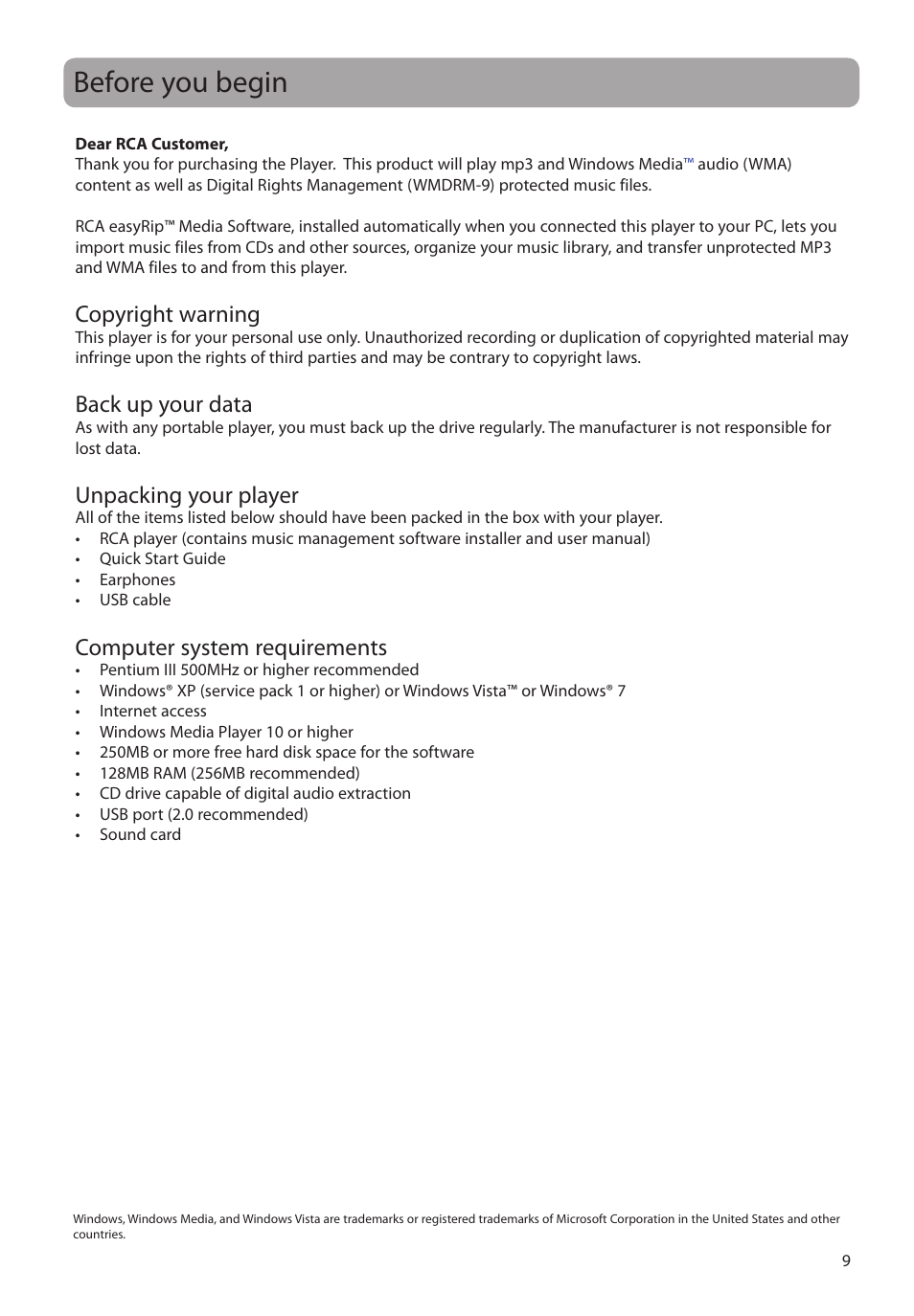 Before you begin, Copyright warning, Back up your data | Unpacking your player, Computer system requirements | RCA M2204BL User Manual | Page 9 / 87