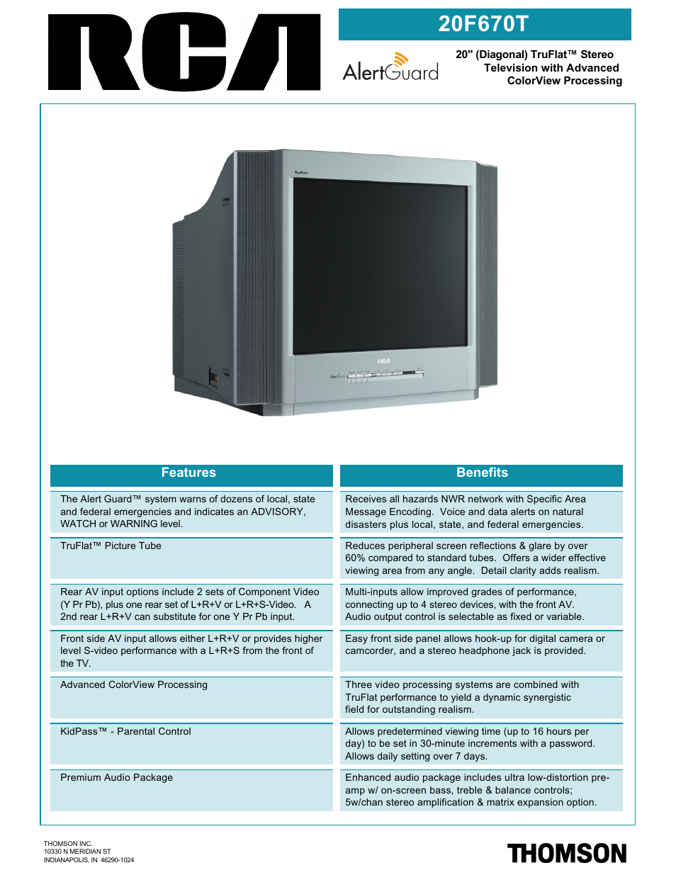 RCA TruFlat 20F670T User Manual | 2 pages