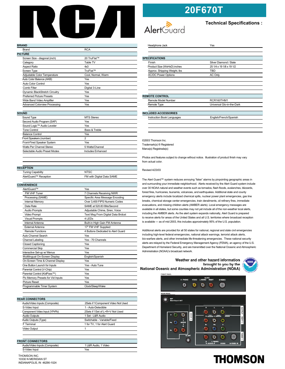 Technical specifications | RCA TruFlat 20F670T User Manual | Page 2 / 2