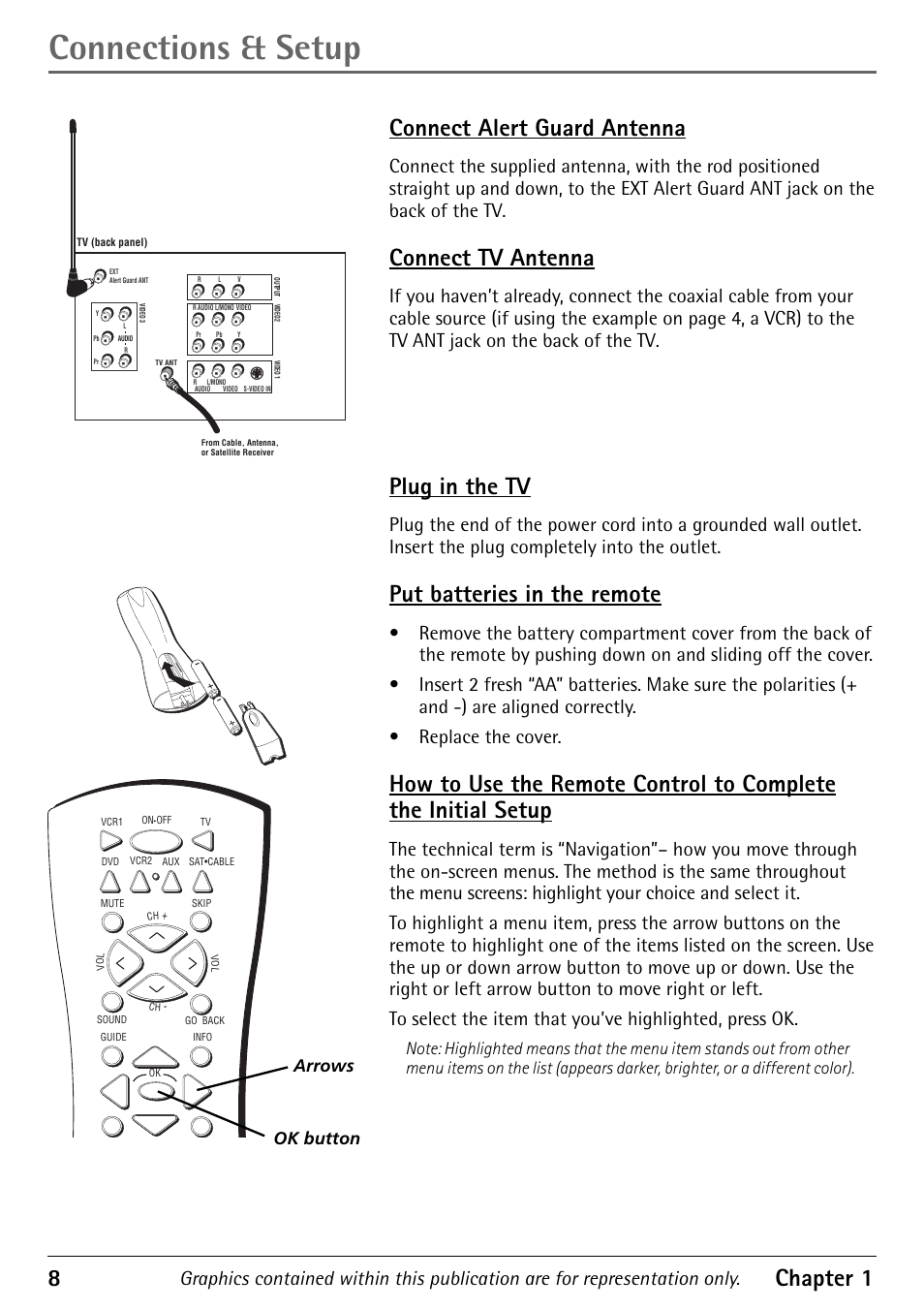 Connect alert guard antenna, Connect tv antenna, Plug in the tv | Put batteries in the remote, Connections & setup, 8chapter 1, Ok button arrows | RCA Alert Guard 27V570T User Manual | Page 12 / 64