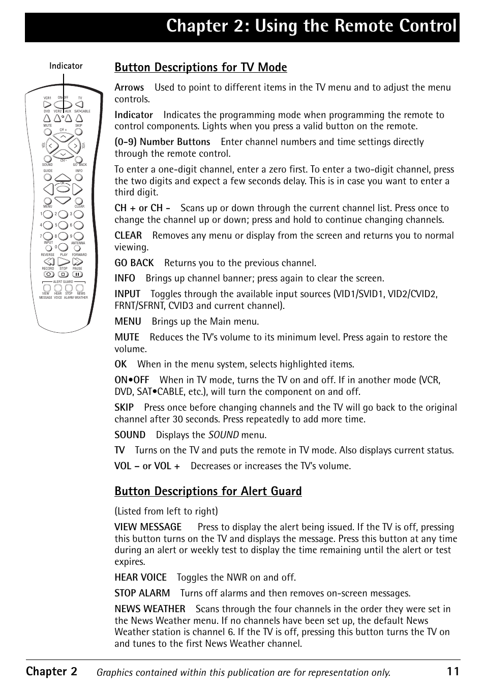 Button descriptions for alert guard, Chapter 2: using the remote control, Chapter 2 11 | Button descriptions for tv mode, Indicator | RCA Alert Guard 27V570T User Manual | Page 15 / 64