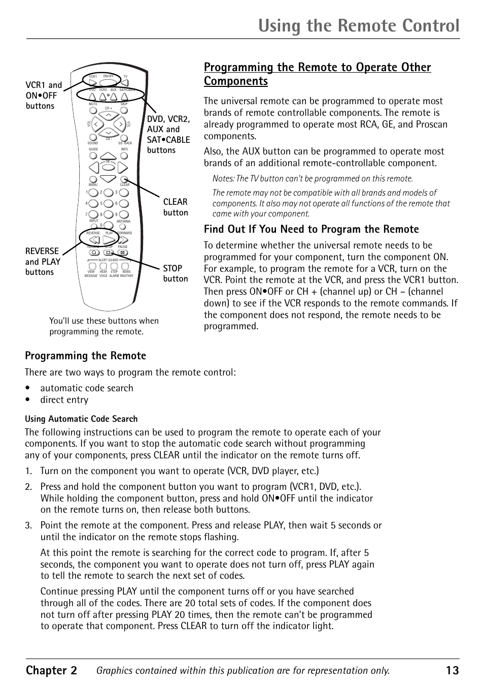 Programming the remote, Using the remote control, Chapter 2 13 | Programming the remote to operate other components, Find out if you need to program the remote, Using automatic code search, Clear button | RCA Alert Guard 27V570T User Manual | Page 17 / 64