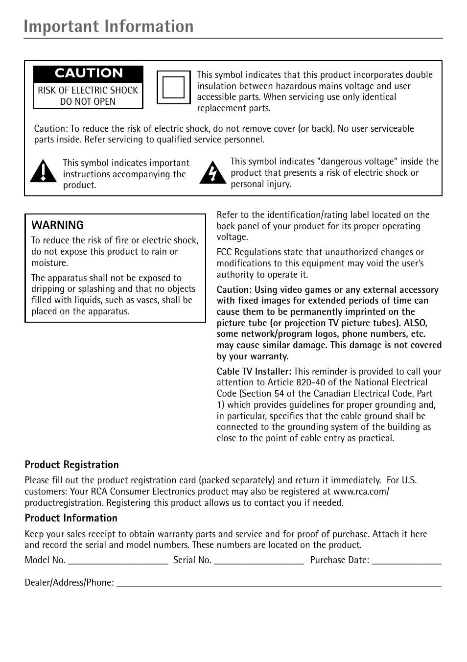 Important information, Caution | RCA Alert Guard 27V570T User Manual | Page 2 / 64