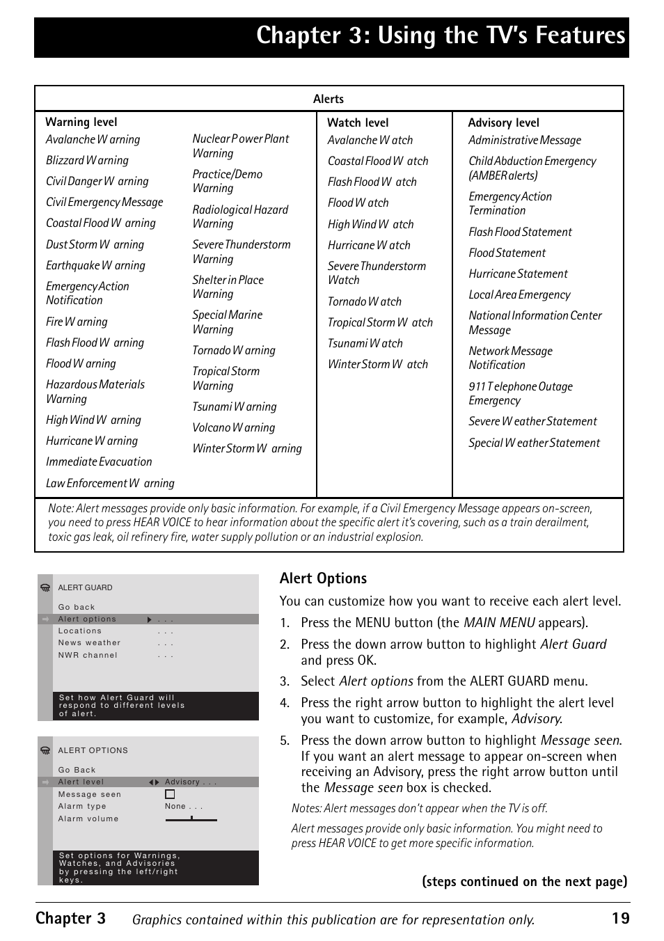 Alert options, Chapter 3: using the tv’s features, Chapter 3 19 | RCA Alert Guard 27V570T User Manual | Page 23 / 64