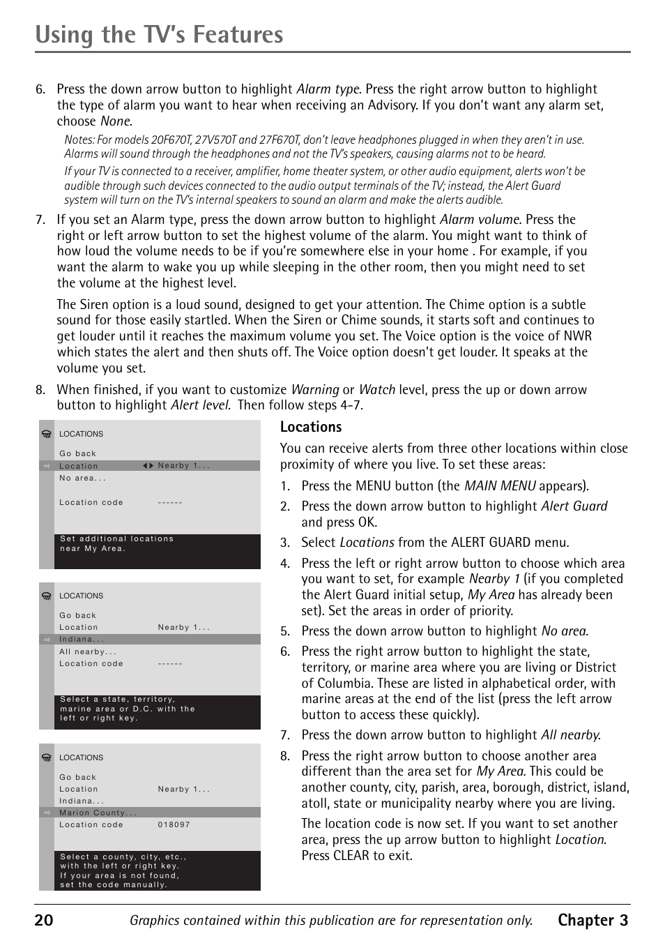 Locations, Using the tv’s features, 20 chapter 3 | RCA Alert Guard 27V570T User Manual | Page 24 / 64