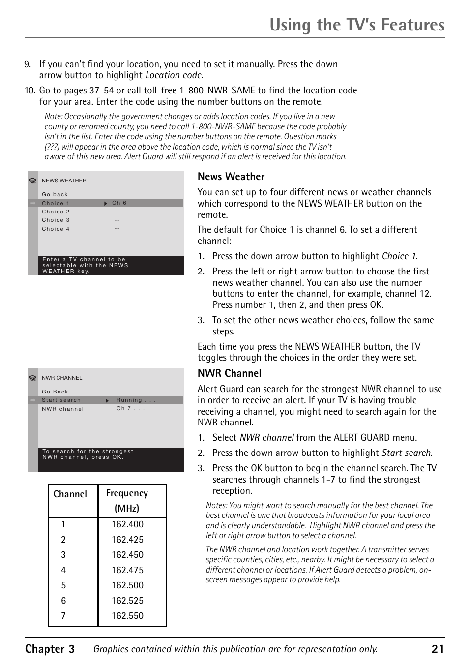 News weather, Nwr channel, News weather nwr channel | Using the tv’s features, Chapter 3 21 | RCA Alert Guard 27V570T User Manual | Page 25 / 64