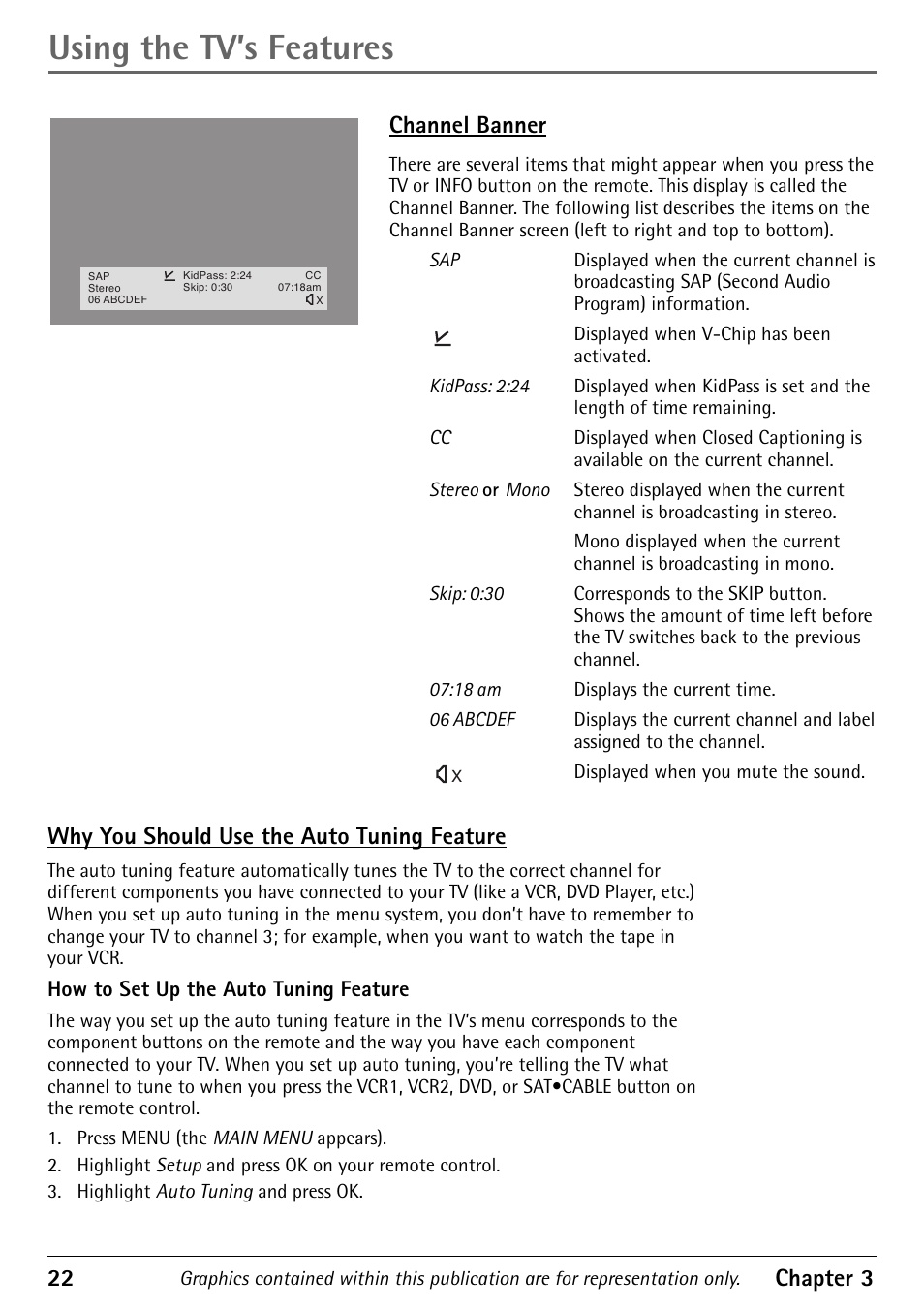 Why you should use the auto tuning feature, How to set up the auto tuning feature, Using the tv’s features | 22 chapter 3, Channel banner | RCA Alert Guard 27V570T User Manual | Page 26 / 64