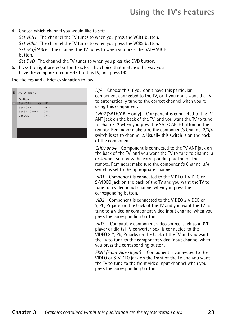 Using the tv’s features, Chapter 3 23 | RCA Alert Guard 27V570T User Manual | Page 27 / 64
