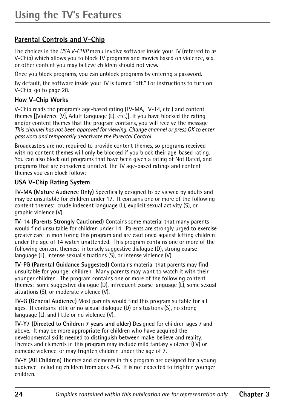 Parental controls and v-chip, How v-chip works, Usa v-chip rating system | How v-chip works usa v-chip rating system, Using the tv’s features | RCA Alert Guard 27V570T User Manual | Page 28 / 64