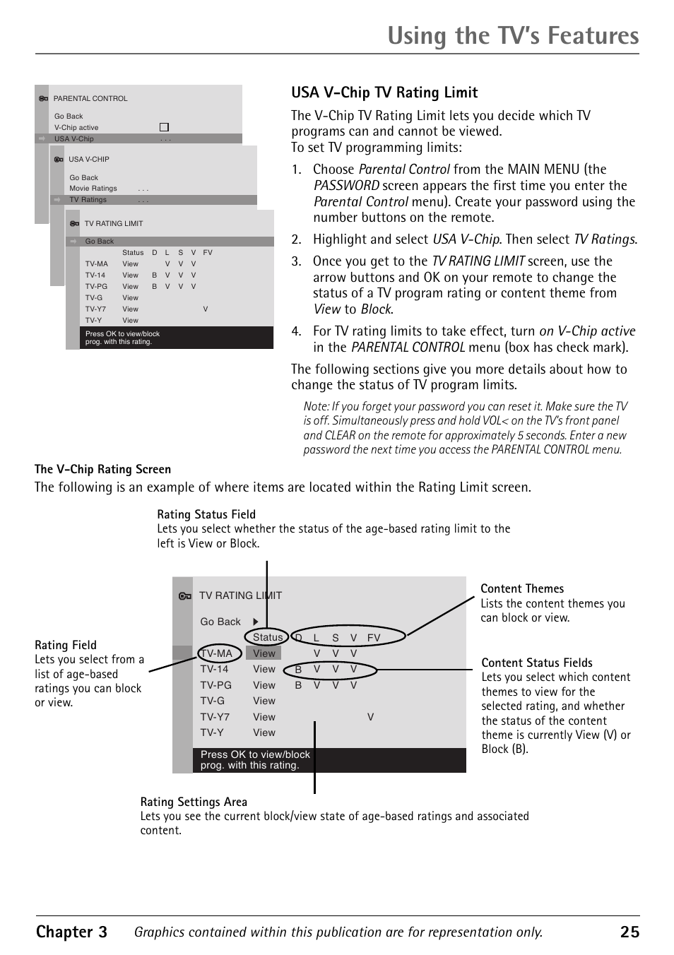 Usa v-chip tv rating limit, Using the tv’s features, Chapter 3 25 | RCA Alert Guard 27V570T User Manual | Page 29 / 64