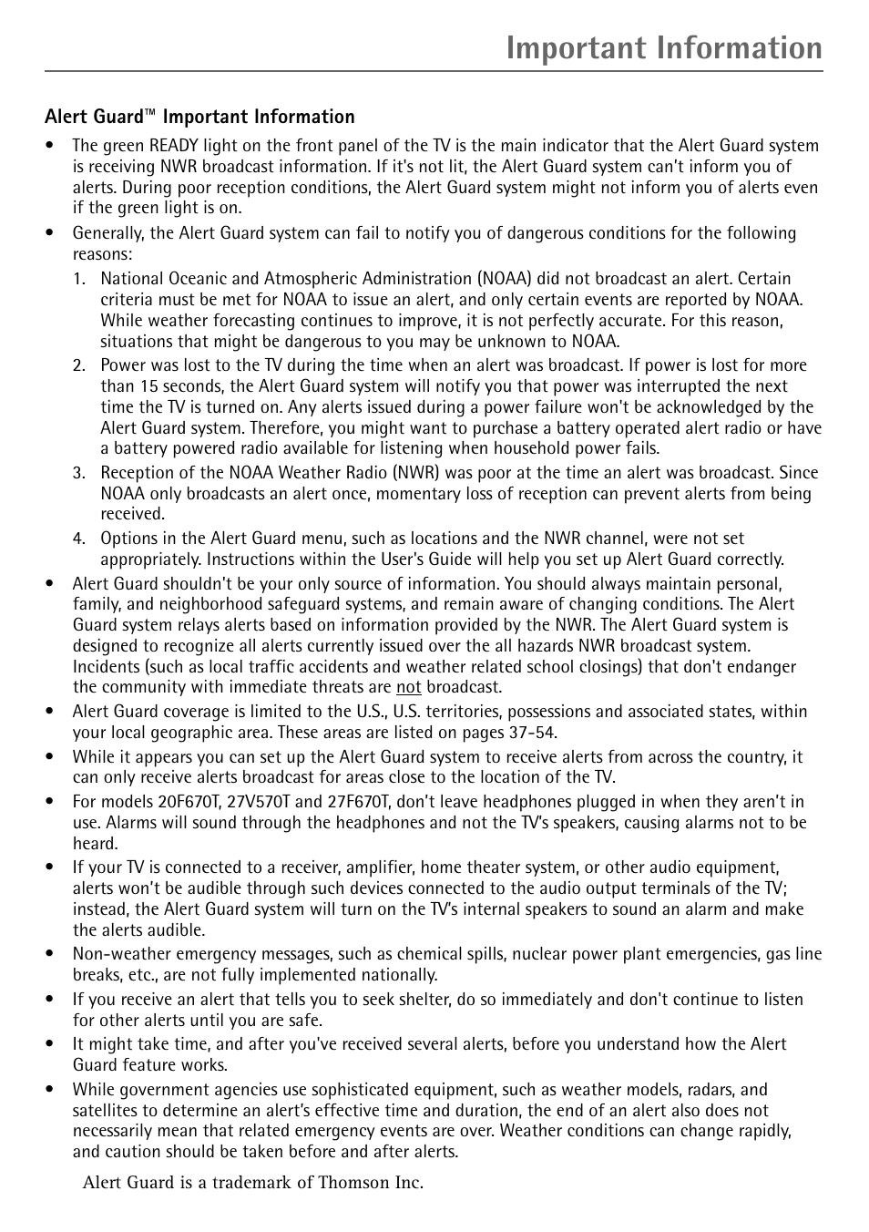 Important information | RCA Alert Guard 27V570T User Manual | Page 3 / 64