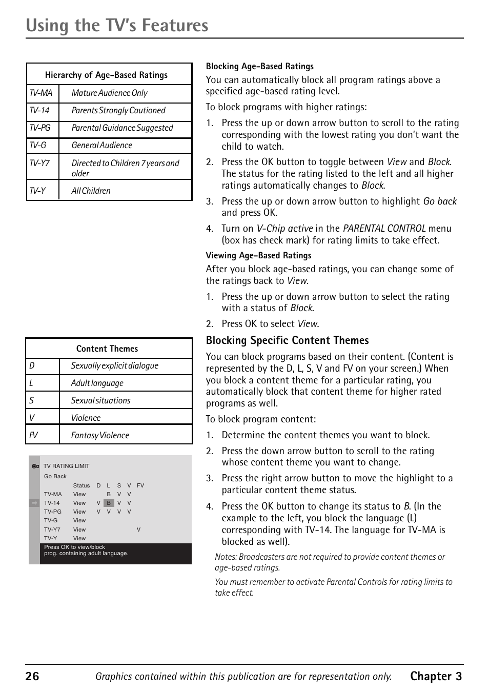 Blocking specific content themes, Using the tv’s features, 26 chapter 3 | RCA Alert Guard 27V570T User Manual | Page 30 / 64