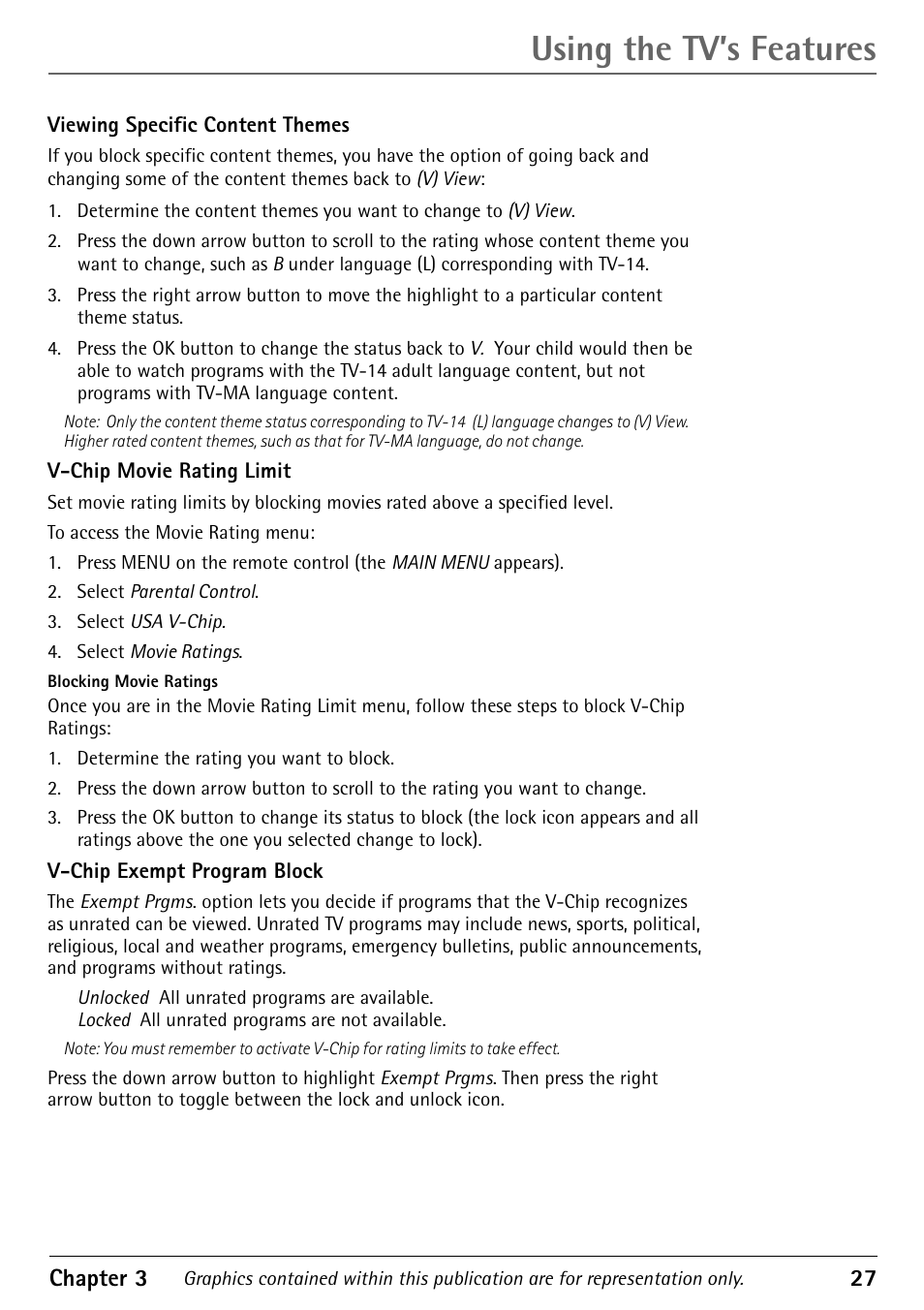 Viewing specific content themes, V-chip movie rating limit, V-chip exempt program block | Using the tv’s features | RCA Alert Guard 27V570T User Manual | Page 31 / 64