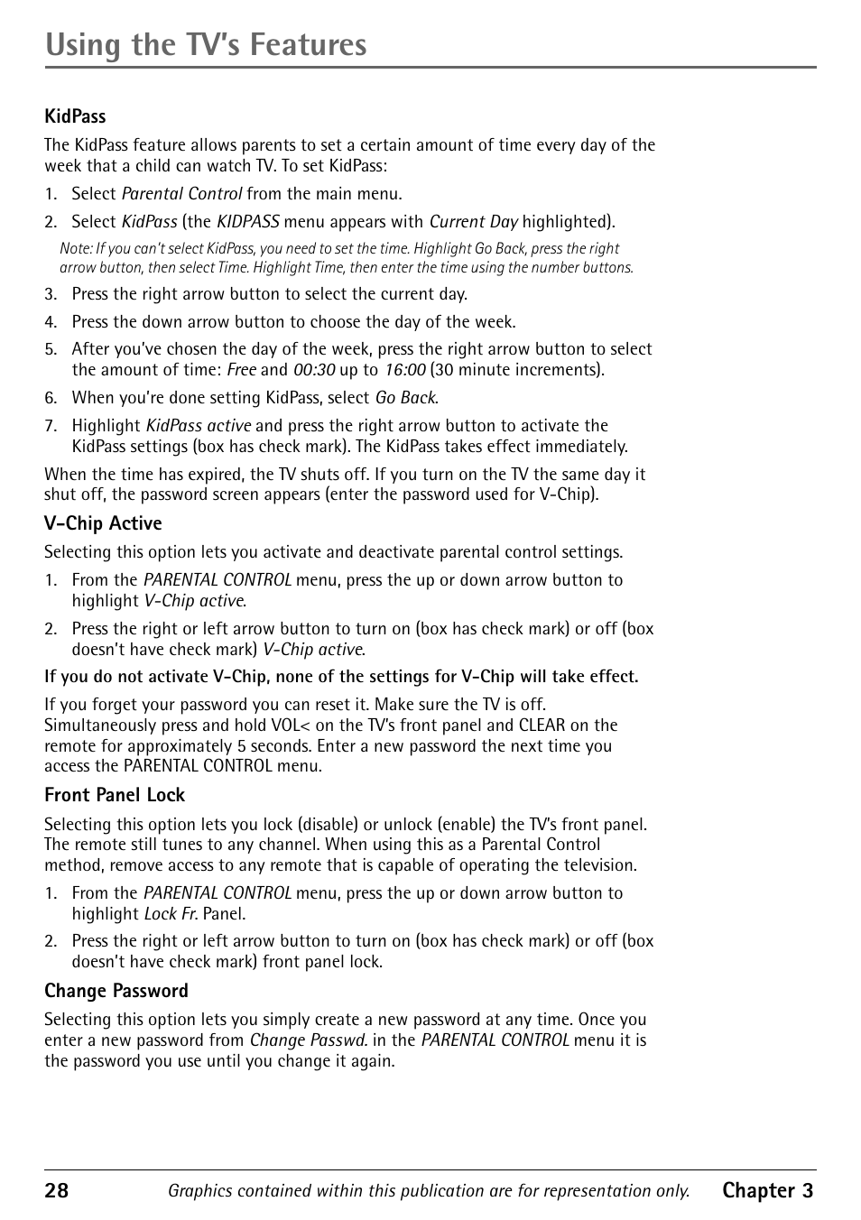 Kidpass, V-chip active, Front panel lock | Change password, Using the tv’s features | RCA Alert Guard 27V570T User Manual | Page 32 / 64
