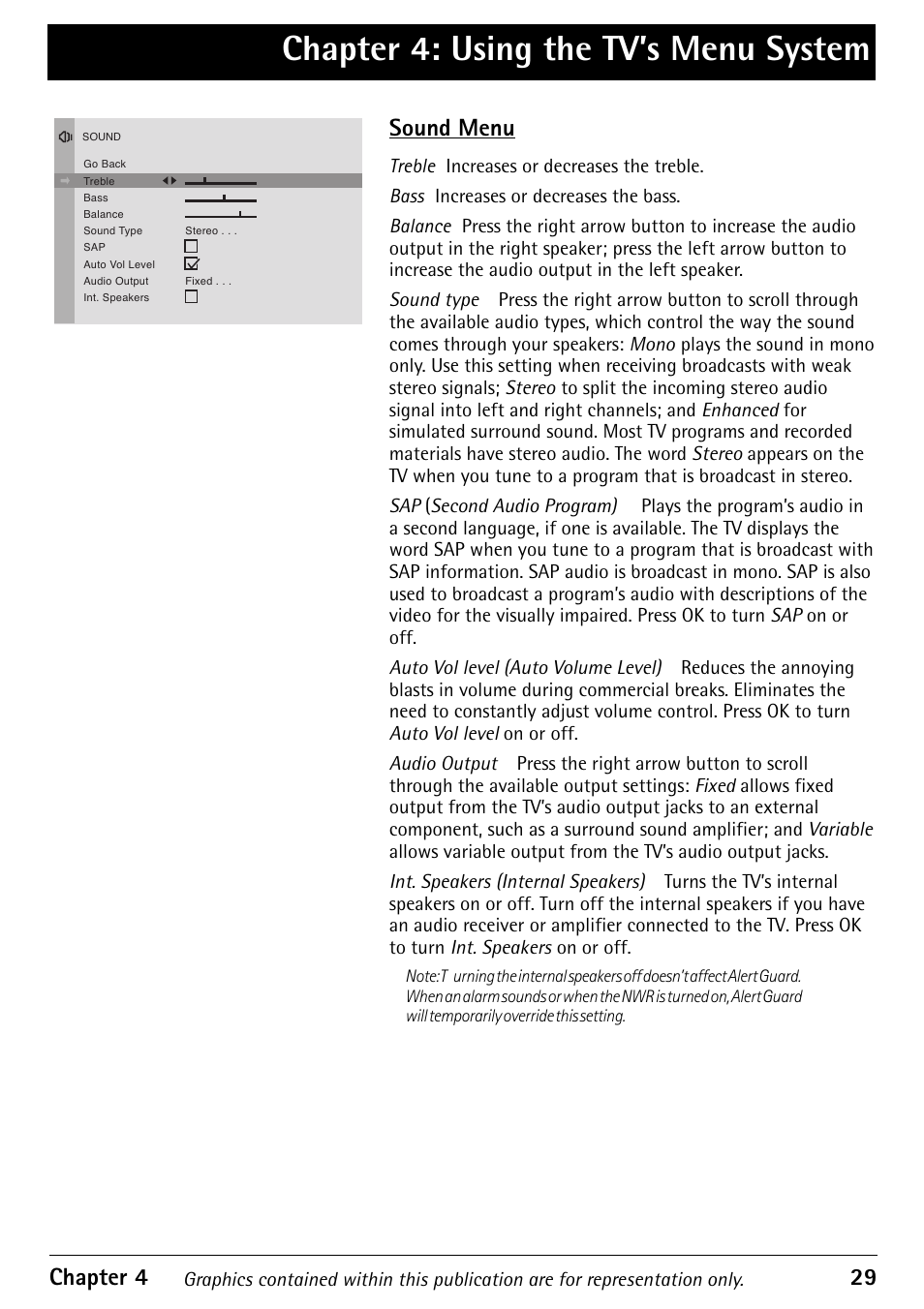 Sound menu, Chapter 4: using the tv’s menu system, Chapter 4 29 | RCA Alert Guard 27V570T User Manual | Page 33 / 64