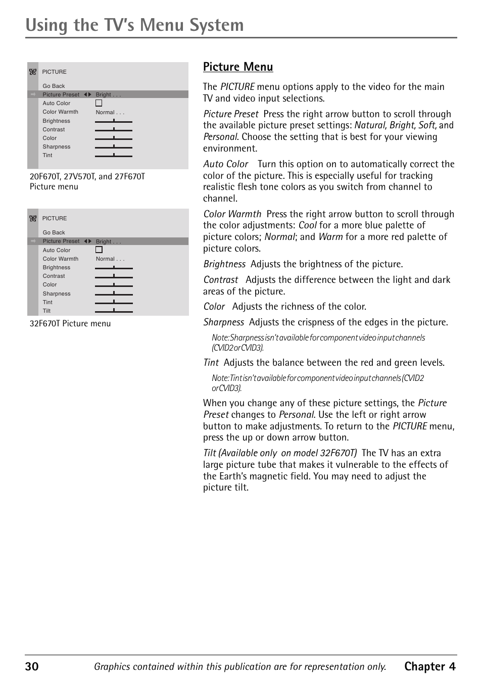 Picture menu, Using the tv’s menu system, 30 chapter 4 | RCA Alert Guard 27V570T User Manual | Page 34 / 64