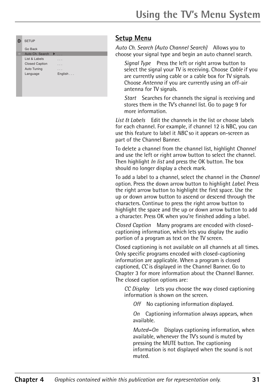 Setup menu, Using the tv’s menu system, Chapter 4 31 | RCA Alert Guard 27V570T User Manual | Page 35 / 64