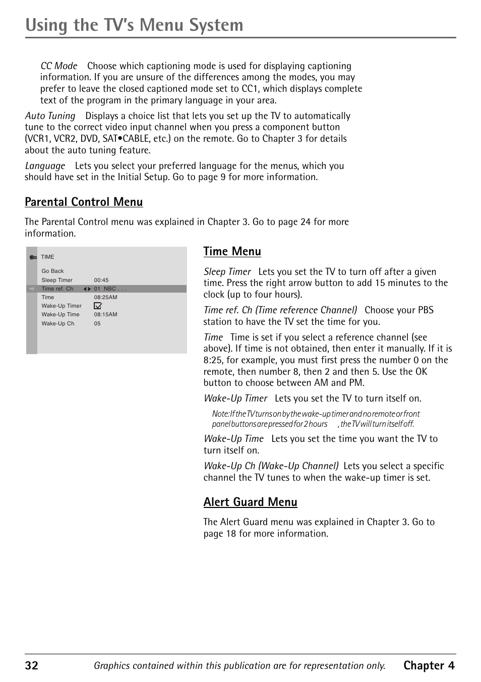 Parental control menu, Time menu, Alert guard menu | Parental control menu time menu alert guard menu, Using the tv’s menu system, 32 chapter 4 | RCA Alert Guard 27V570T User Manual | Page 36 / 64