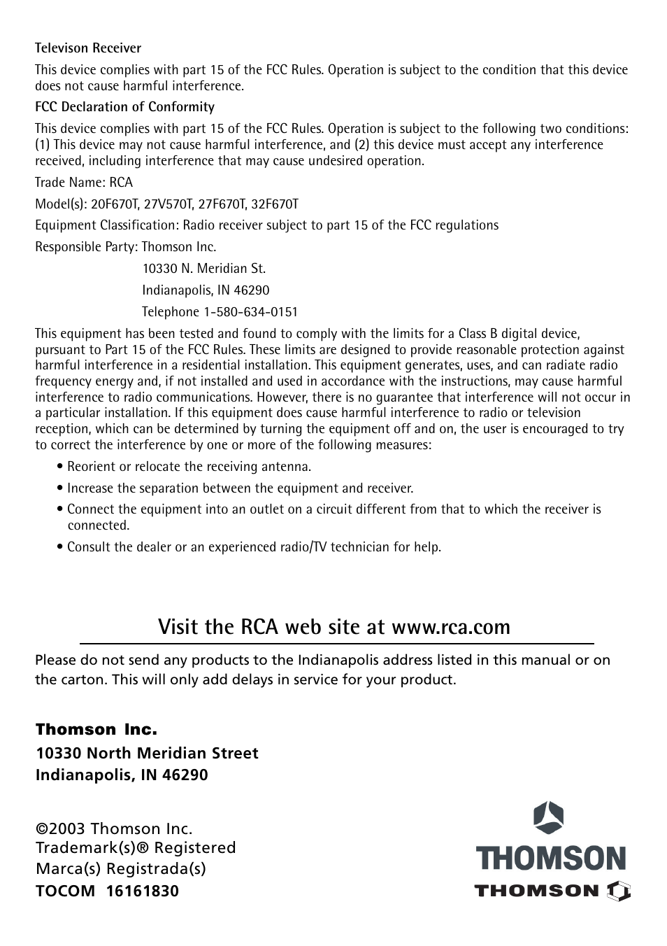 RCA Alert Guard 27V570T User Manual | Page 64 / 64