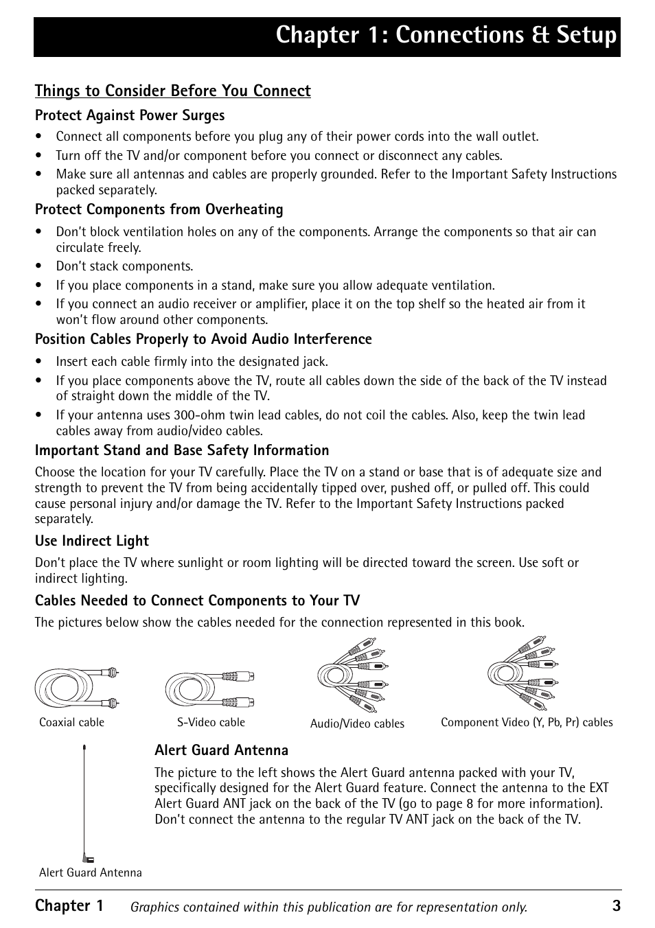 Protect against power surges, Protect components from overheating, Important stand and base safety information | Use indirect light, Cables needed to connect components to your tv, Alert guard antenna, Things to consider before you connect, Chapter 1: connections & setup | RCA Alert Guard 27V570T User Manual | Page 7 / 64