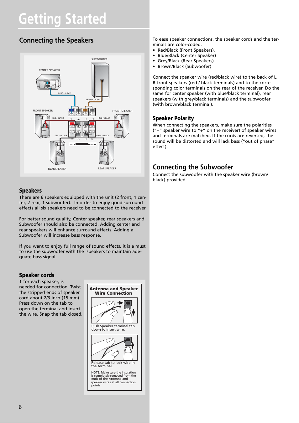 Getting started, Connecting the speakers, Connecting the subwoofer | Speakers, Speaker cords, Speaker polarity | RCA RTDVD1 User Manual | Page 10 / 51