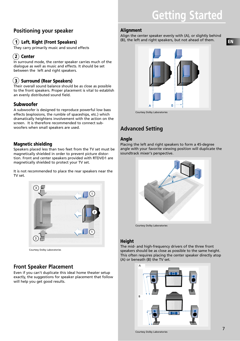 Getting started, Positioning your speaker, Front speaker placement | Advanced setting, Subwoofer | RCA RTDVD1 User Manual | Page 11 / 51