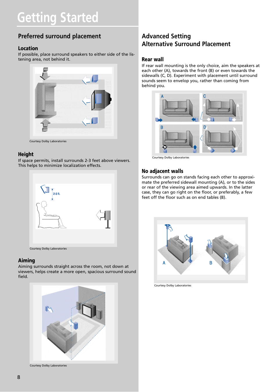 Getting started, Preferred surround placement, Advanced setting alternative surround placement | RCA RTDVD1 User Manual | Page 12 / 51