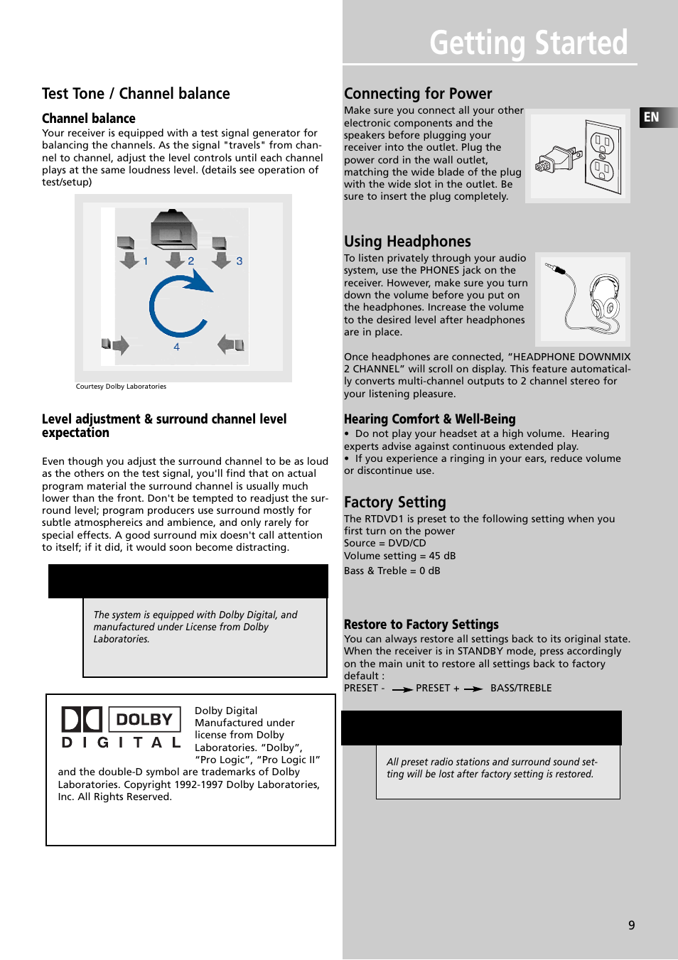 Getting started, Test tone / channel balance, Connecting for power | Using headphones, Factory setting | RCA RTDVD1 User Manual | Page 13 / 51