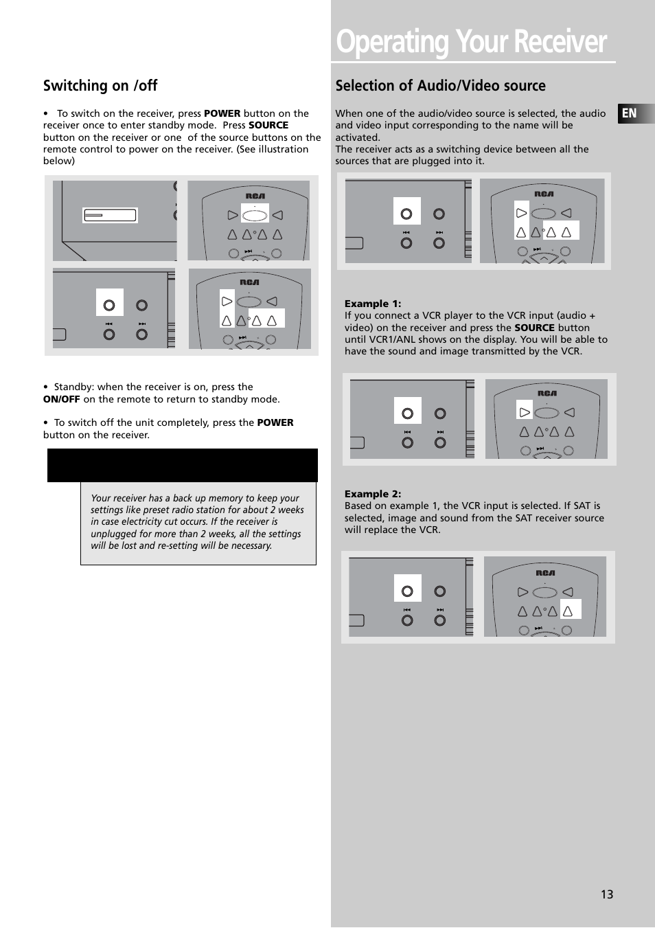 Operating your receiver, Switching on /off, Selection of audio/video source | RCA RTDVD1 User Manual | Page 17 / 51