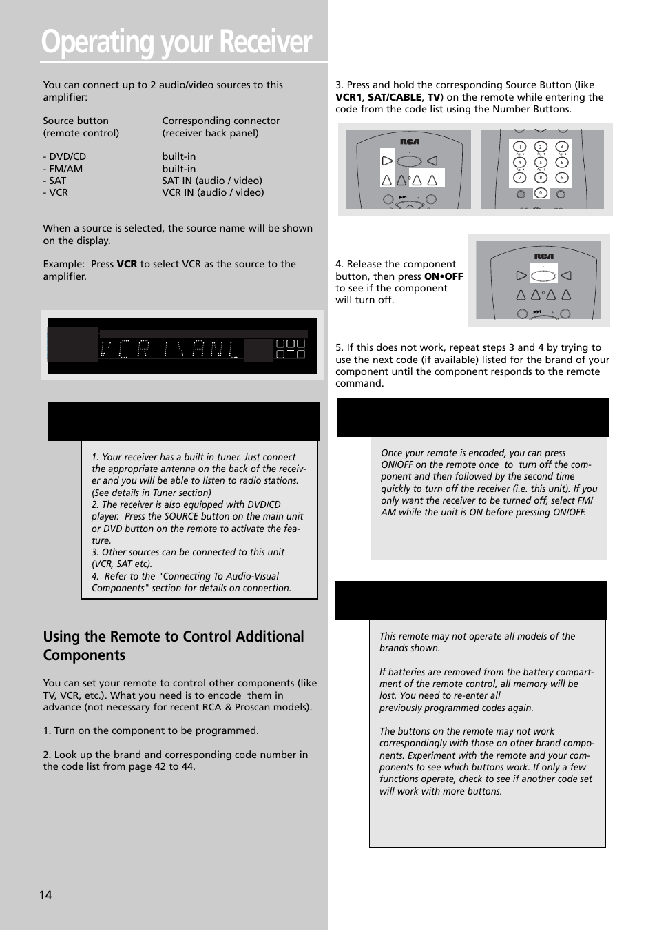 Operating your receiver, Hint, Using the remote to control additional components | RCA RTDVD1 User Manual | Page 18 / 51