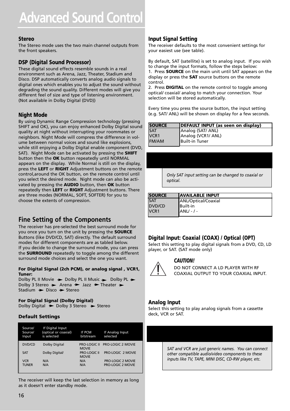 Advanced sound control, Fine setting of the components, Stereo | Dsp (digital sound processor), Night mode, Input signal setting, Digital input: coaxial (coax) / optical (opt), Caution, Analog input | RCA RTDVD1 User Manual | Page 20 / 51