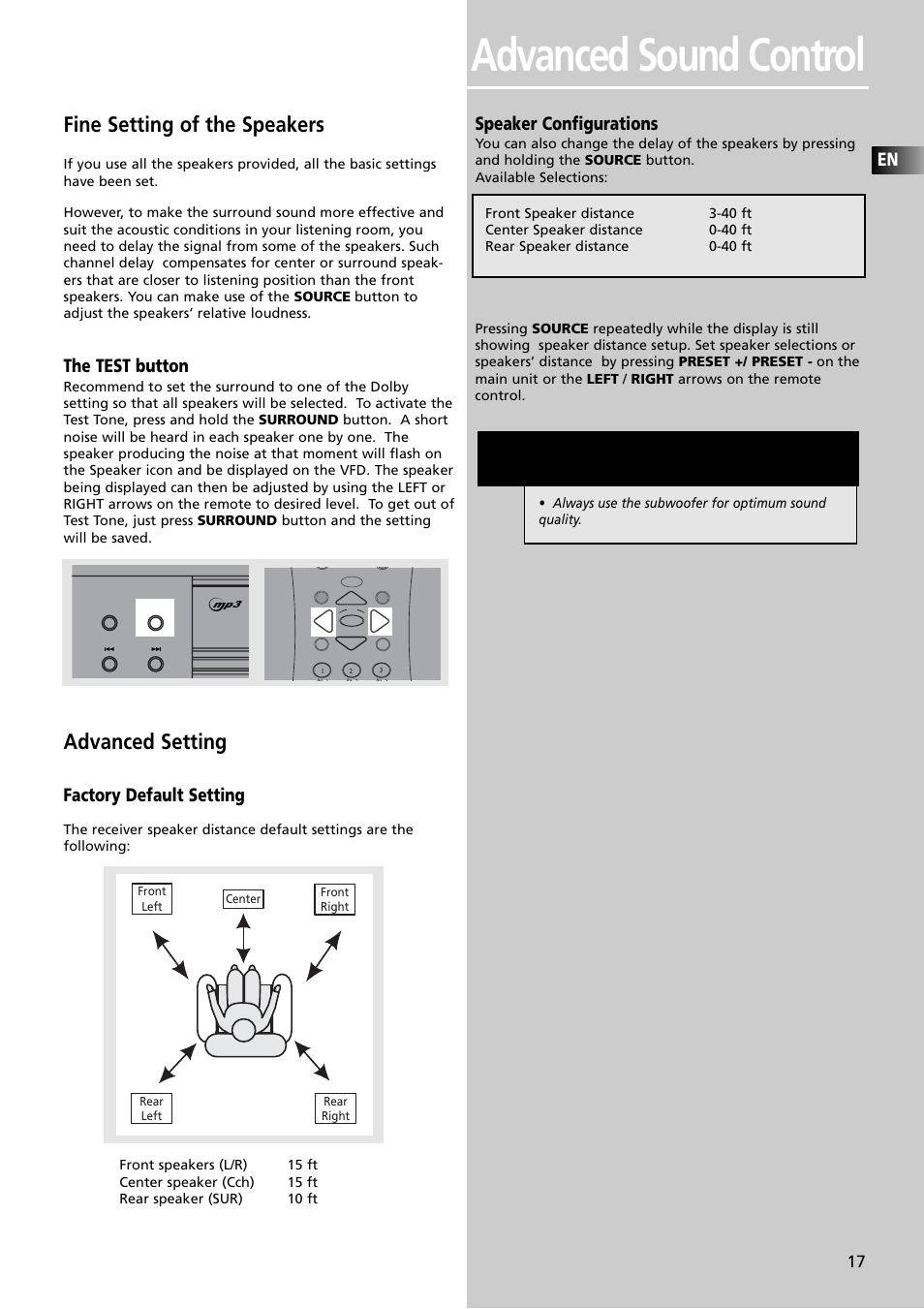 Advanced sound control, Fine setting of the speakers, Advanced setting | The test button, Factory default setting, Speaker configurations, R/s l/s rch cch lch | RCA RTDVD1 User Manual | Page 21 / 51