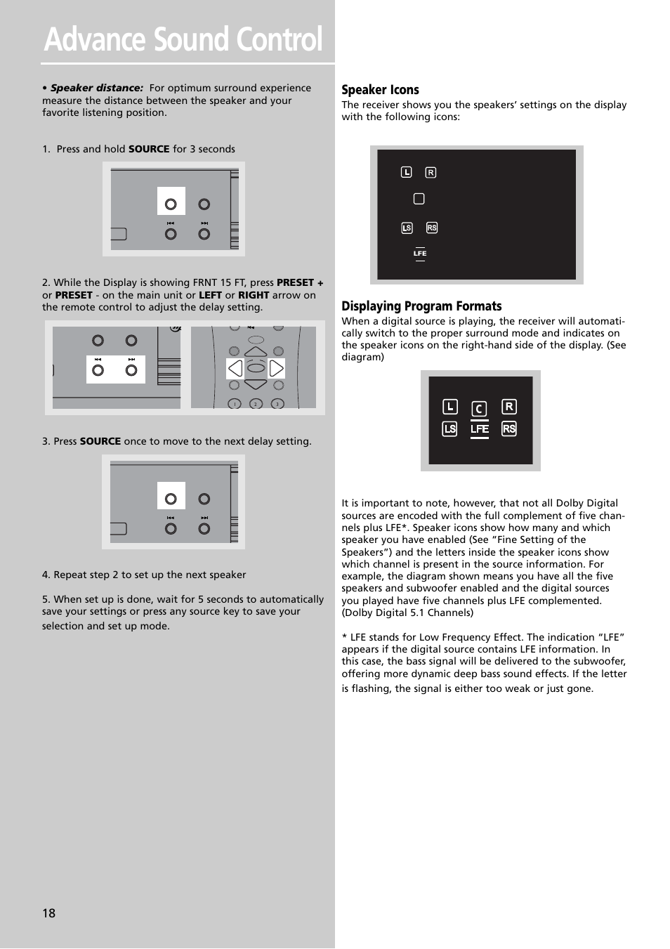 Advance sound control, Speaker icons, Displaying program formats | RCA RTDVD1 User Manual | Page 22 / 51