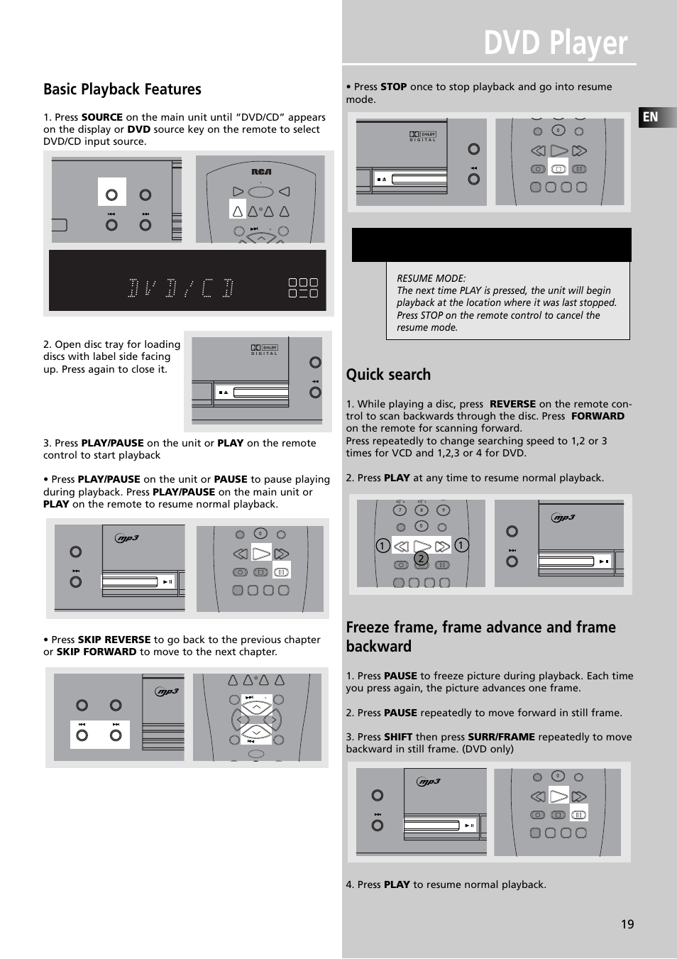 Dvd player, Basic playback features, Quick search | Freeze frame, frame advance and frame backward | RCA RTDVD1 User Manual | Page 23 / 51