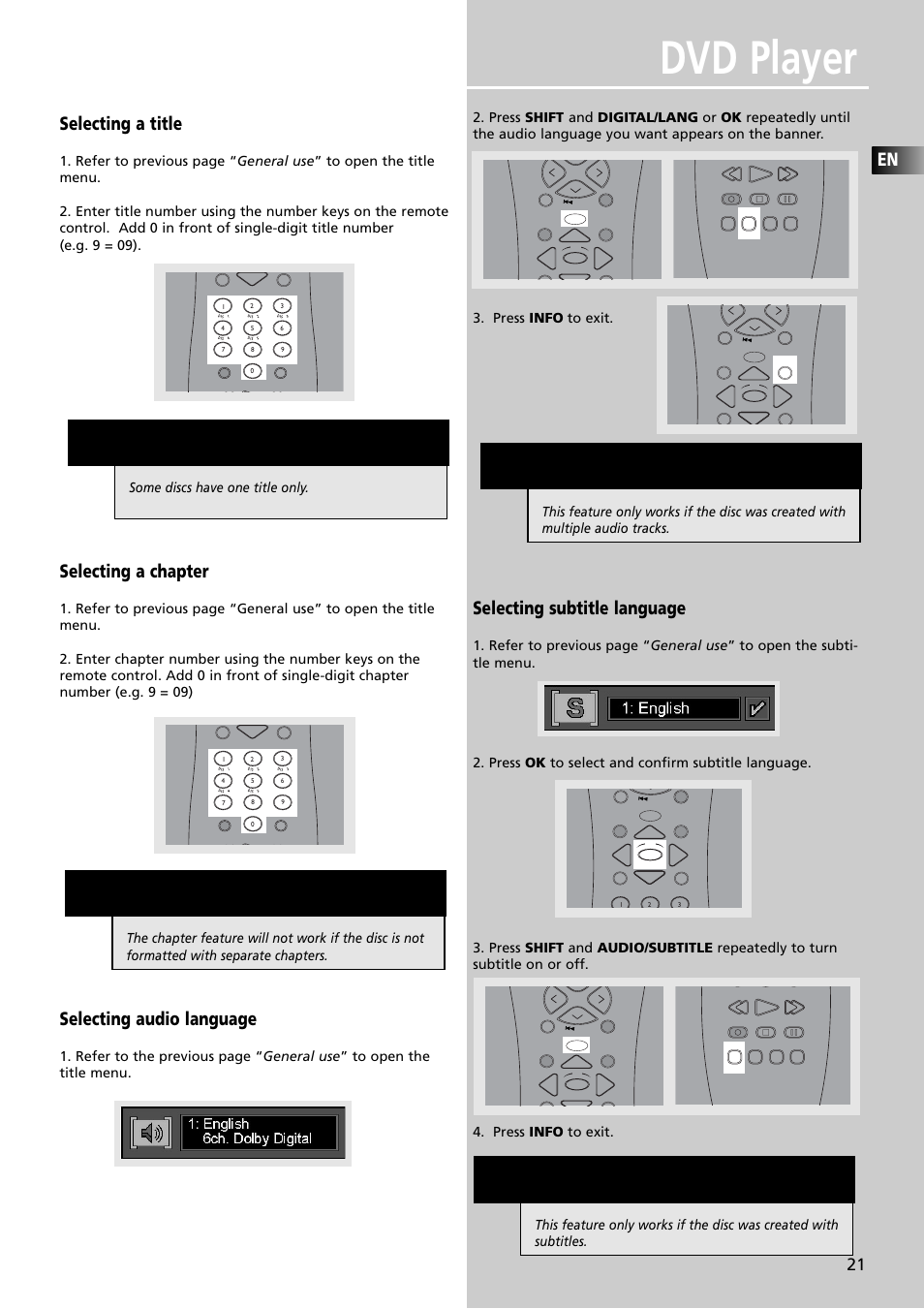 Dvd player, Selecting a title, Selecting a chapter | Selecting audio language, Selecting subtitle language, Some discs have one title only | RCA RTDVD1 User Manual | Page 25 / 51