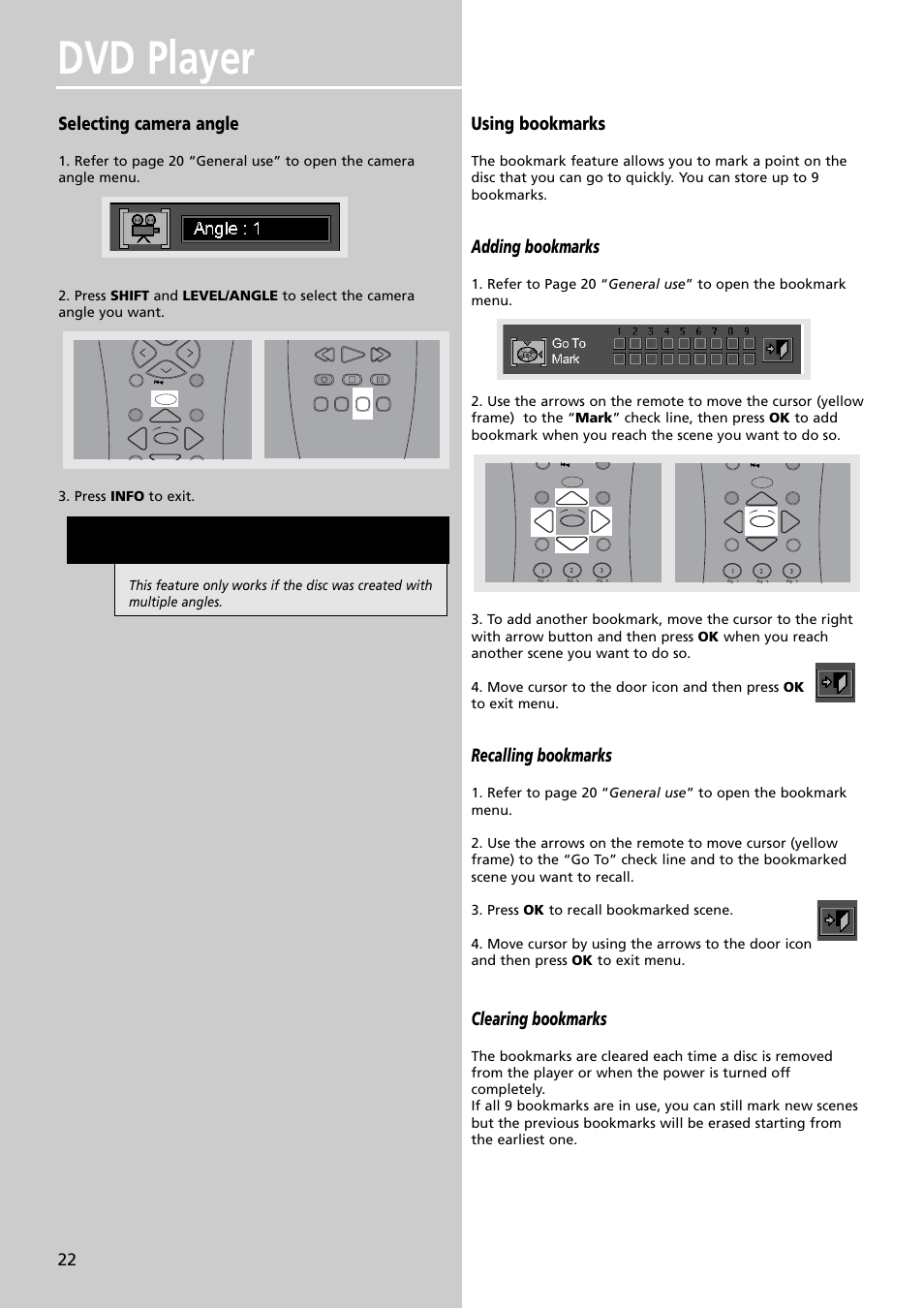 Dvd player, Selecting camera angle, Using bookmarks | Adding bookmarks, Recalling bookmarks, Clearing bookmarks | RCA RTDVD1 User Manual | Page 26 / 51