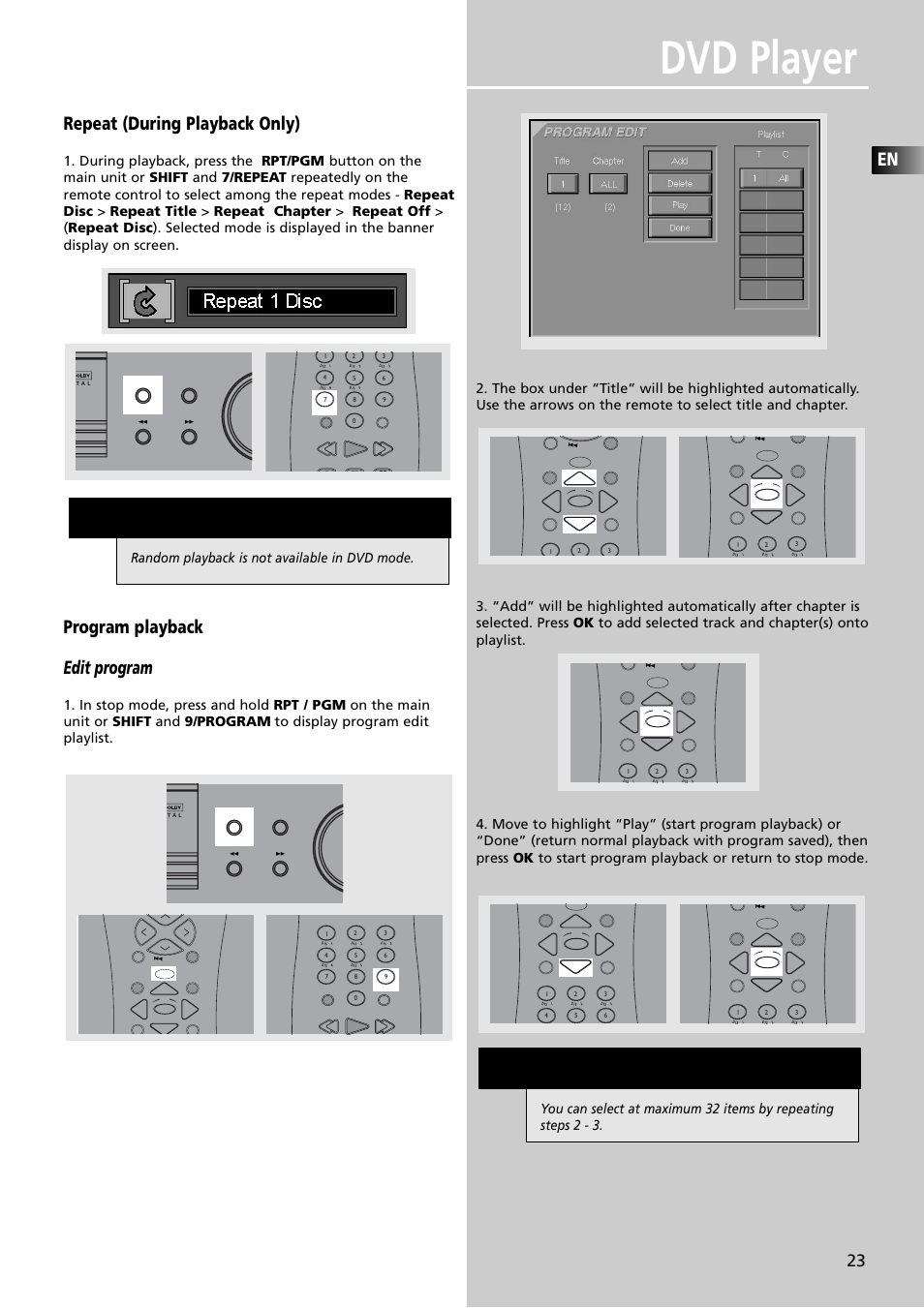 Dvd player, Repeat (during playback only), Program playback edit program | Random playback is not available in dvd mode | RCA RTDVD1 User Manual | Page 27 / 51