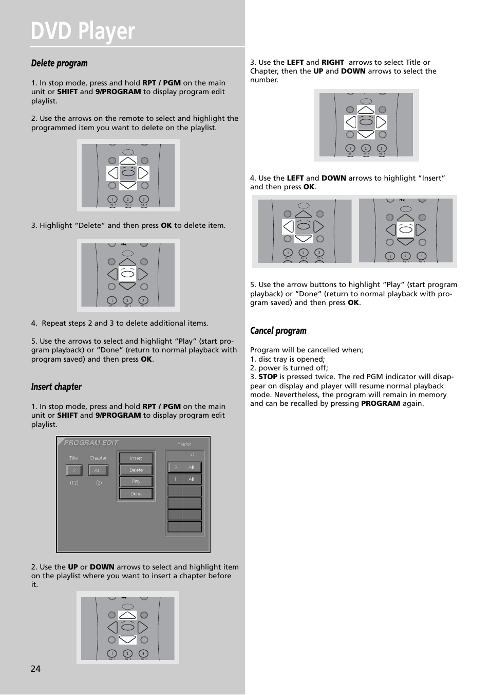 Dvd player, Delete program, Insert chapter | Cancel program | RCA RTDVD1 User Manual | Page 28 / 51